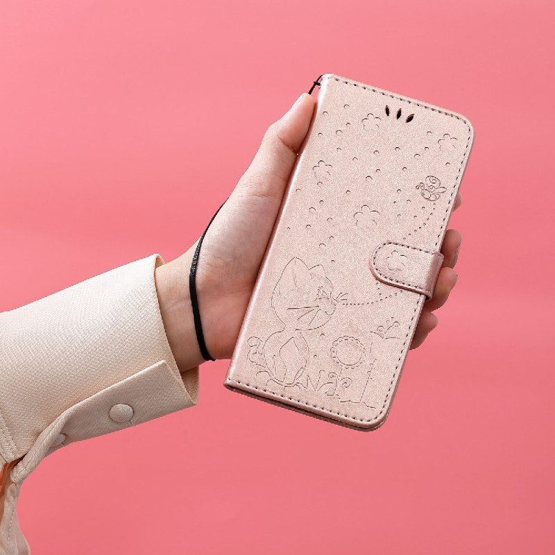 Folio-fodral För Samsung Galaxy S10e Med Kedjar Katt Och Bi Med Rem