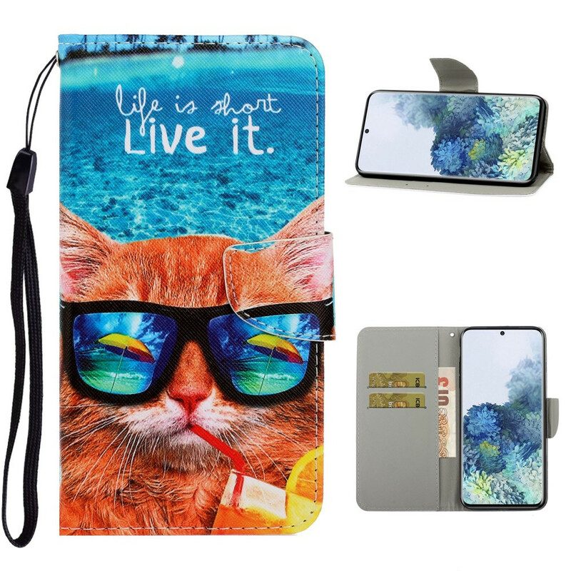 Folio-fodral För Samsung Galaxy S21 5G Med Kedjar Cat Live It Strappy