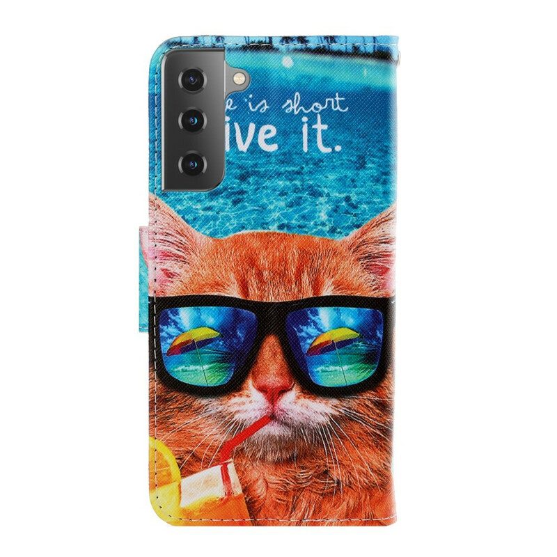 Folio-fodral För Samsung Galaxy S21 5G Med Kedjar Cat Live It Strappy