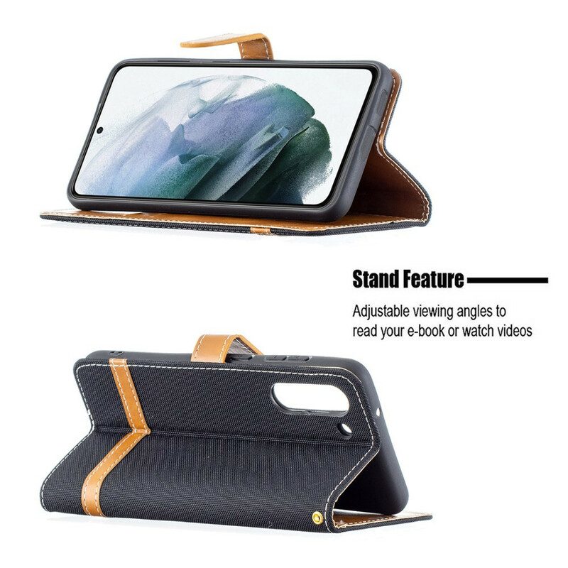 Folio-fodral För Samsung Galaxy S21 FE Med Kedjar Tyg- Och Lädereffektrem