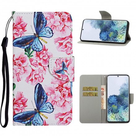 Folio-fodral För Samsung Galaxy S21 Ultra 5G Blommiga Fjärilsrem