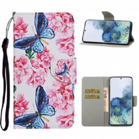 Folio-fodral För Samsung Galaxy S21 Ultra 5G Blommiga Fjärilsrem