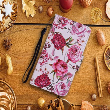 Folio-fodral För Samsung Galaxy S21 Ultra 5G Mästerliga Blommor Med Rem