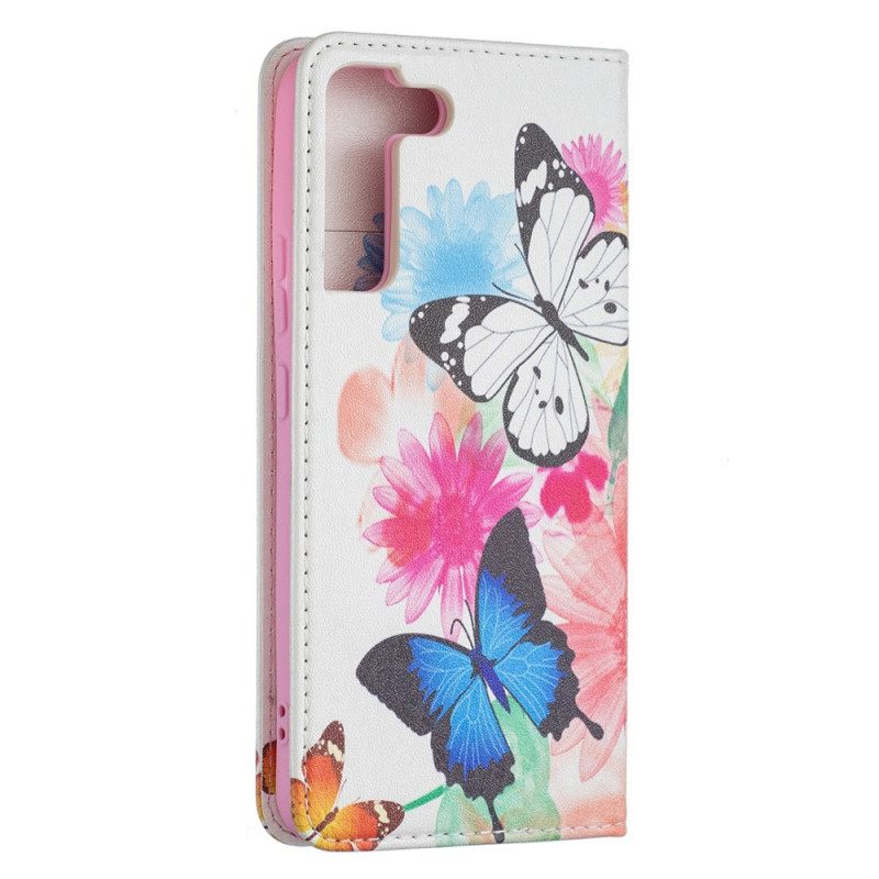 Folio-fodral För Samsung Galaxy S22 Plus 5G Läderfodral Färgglada Fjärilar