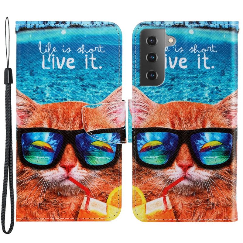 Folio-fodral För Samsung Galaxy S22 Plus 5G Med Kedjar Cat Live It Strappy