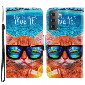 Folio-fodral För Samsung Galaxy S22 Plus 5G Med Kedjar Cat Live It Strappy