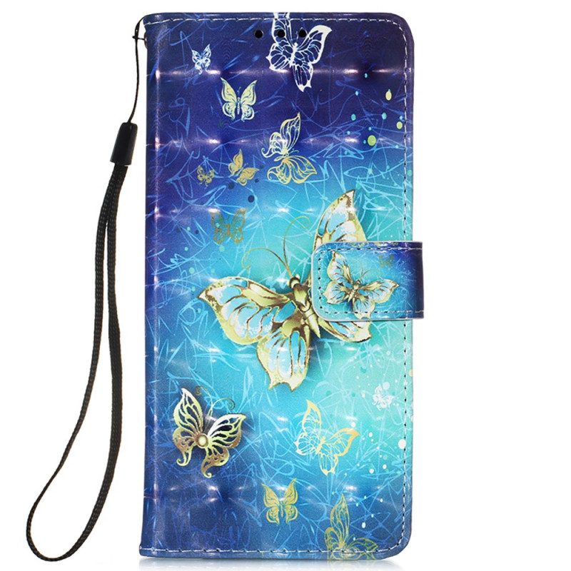 Folio-fodral För Samsung Galaxy S22 Ultra 5G Golden Butterflies Lanyard