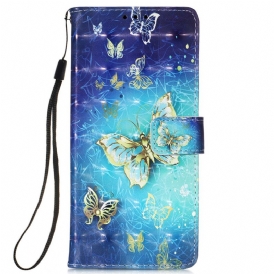 Folio-fodral För Samsung Galaxy S22 Ultra 5G Golden Butterflies Lanyard