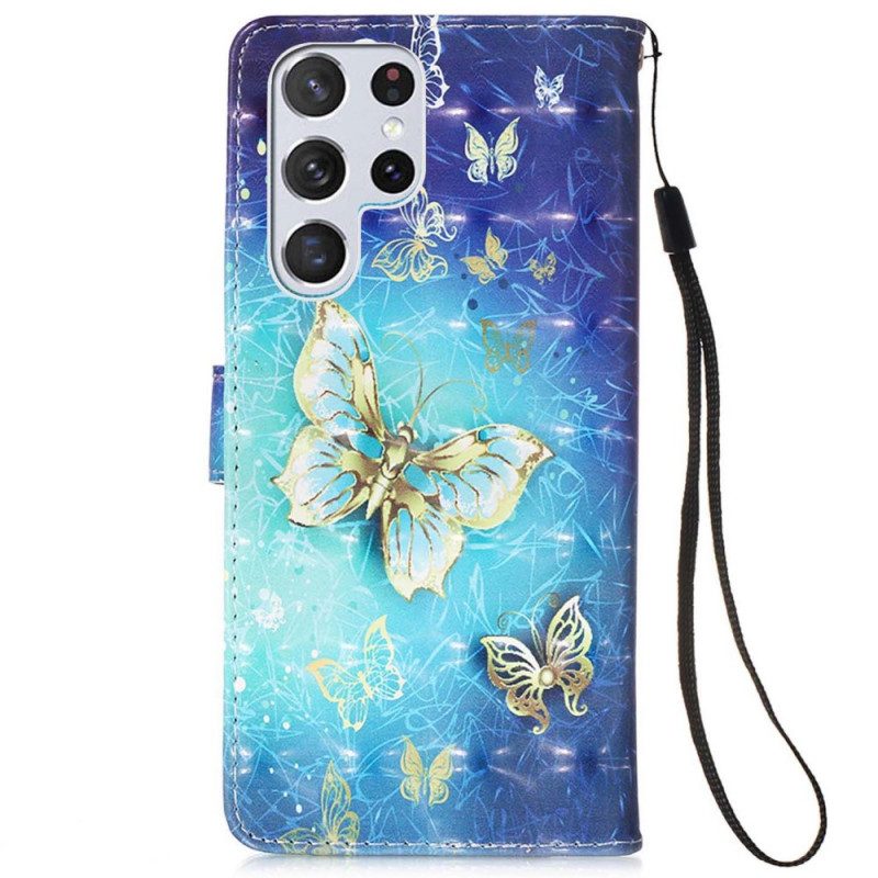 Folio-fodral För Samsung Galaxy S22 Ultra 5G Golden Butterflies Lanyard