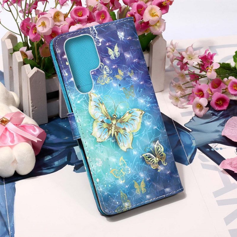 Folio-fodral För Samsung Galaxy S22 Ultra 5G Golden Butterflies Lanyard