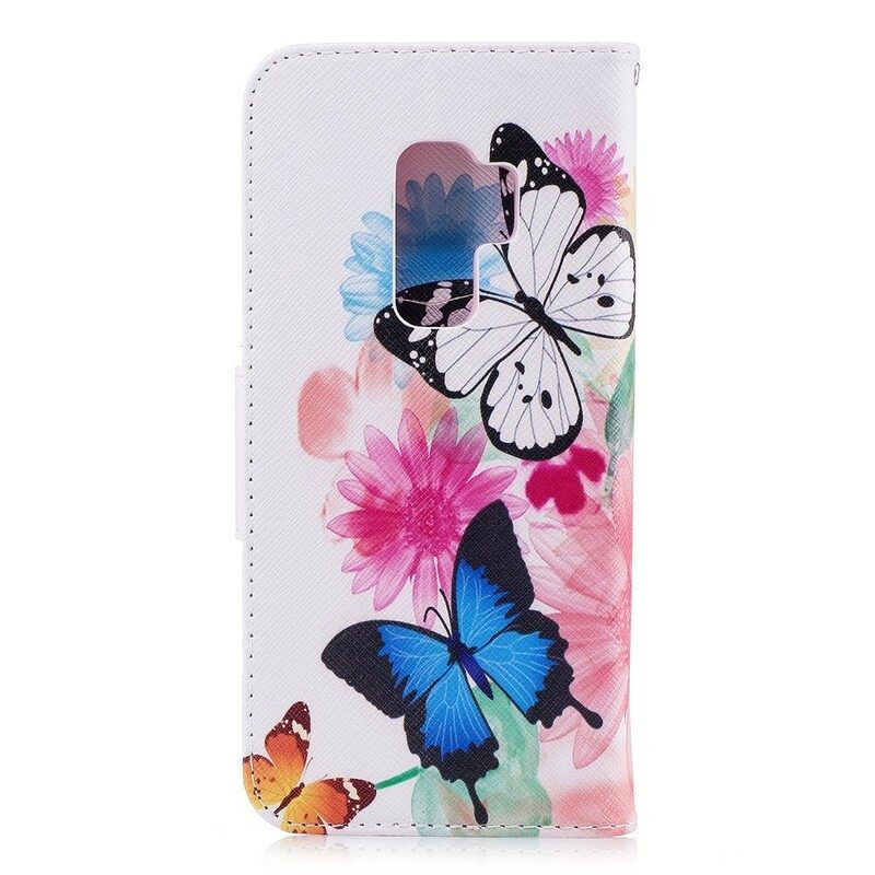 Folio-fodral För Samsung Galaxy S9 Plus Målade Fjärilar Och Blommor