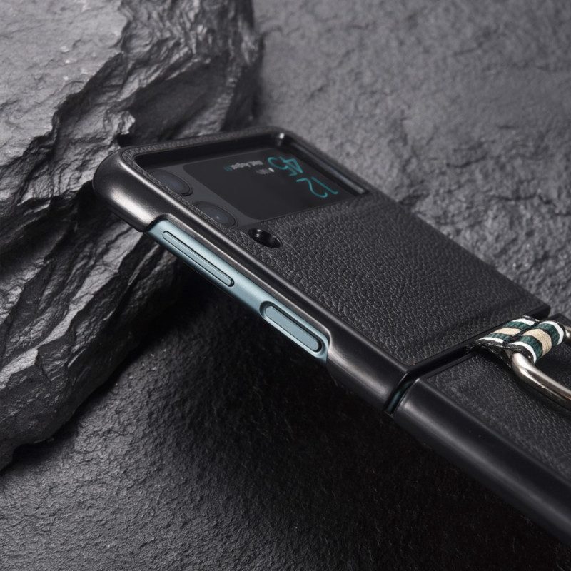 Folio-fodral Skal För Samsung Galaxy Z Flip 3 5G Läderfodral Äkta Litchi Läder Med Ring