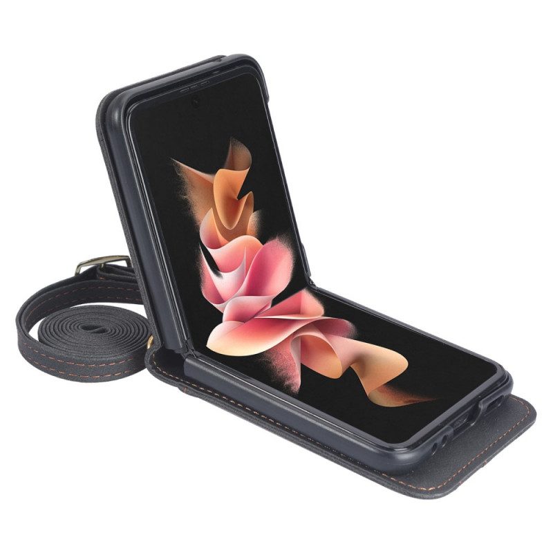 Folio-fodral Skal För Samsung Galaxy Z Flip 3 5G Läderfodral Korthållare Och Snöre I Läderstil