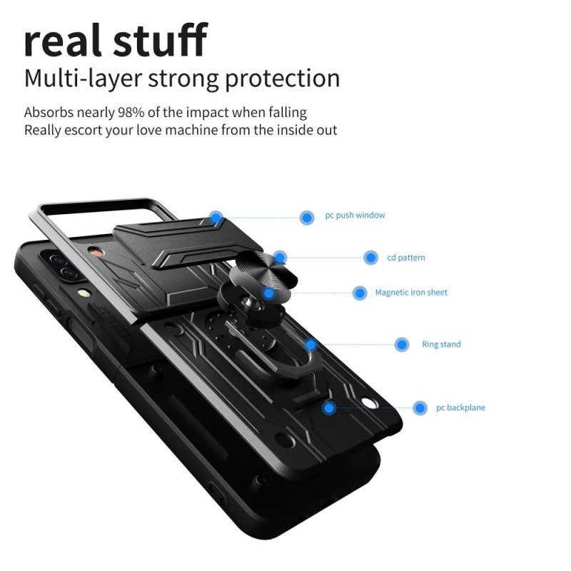 Folio-fodral Skal För Samsung Galaxy Z Flip 4 Läderfodral Linsskydd Med Stödring