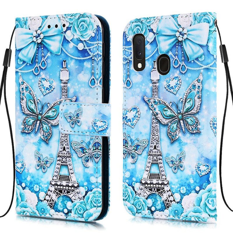 Läderfodral För Samsung Galaxy A10e Med Kedjar Eiffeltornsfjärilar Med Rem