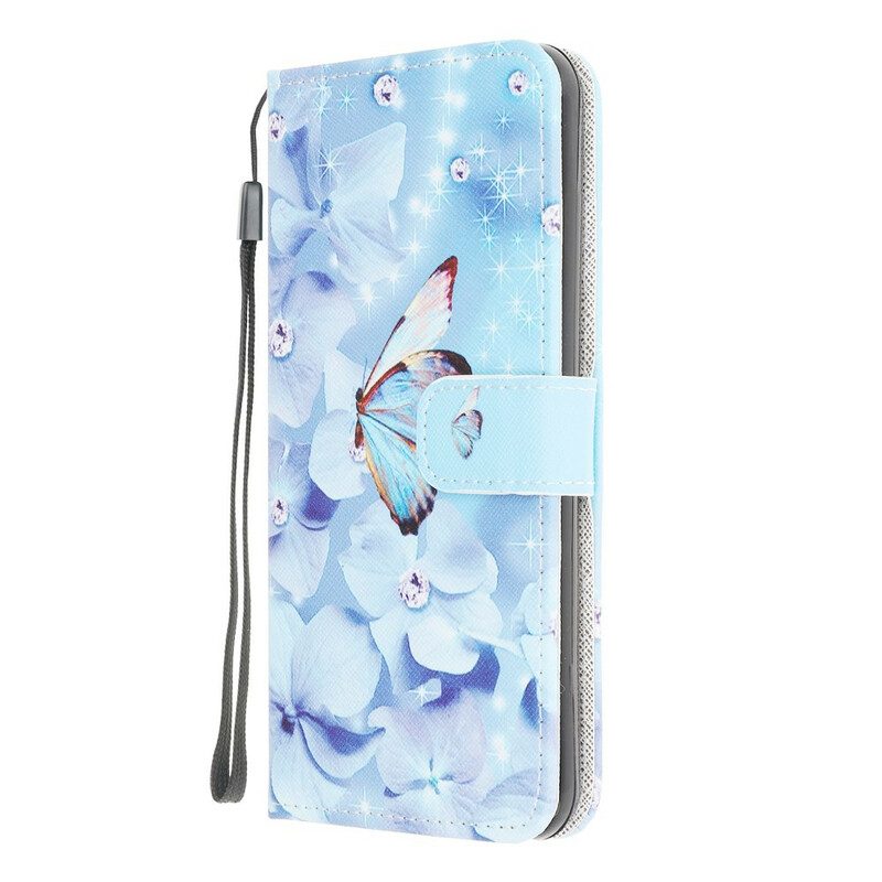 Läderfodral För Samsung Galaxy A12 / M12 Med Kedjar Diamond Strappy Butterflies