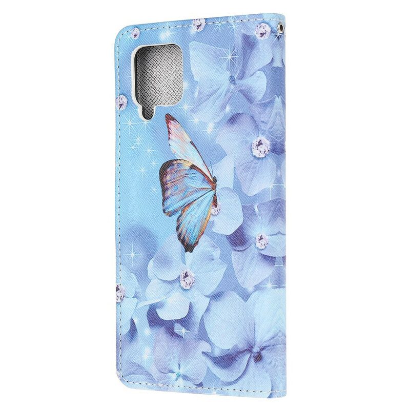 Läderfodral För Samsung Galaxy A12 / M12 Med Kedjar Diamond Strappy Butterflies