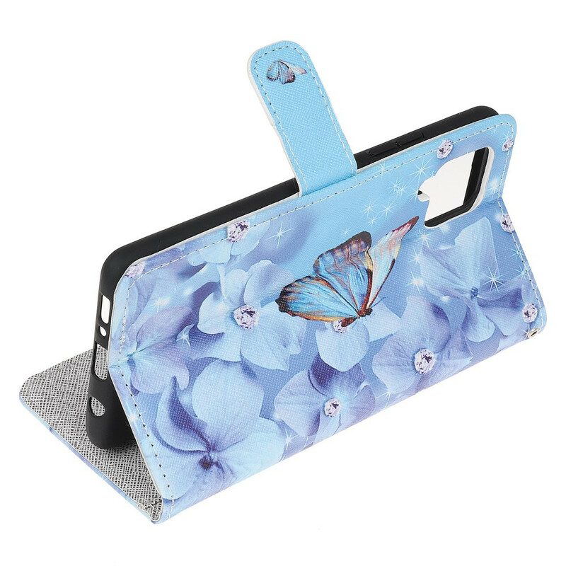 Läderfodral För Samsung Galaxy A12 / M12 Med Kedjar Diamond Strappy Butterflies