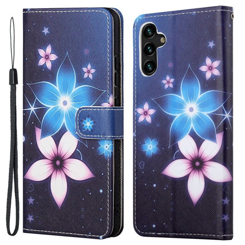 Läderfodral För Samsung Galaxy A13 5G Med Kedjar Lunar Strap Blommor