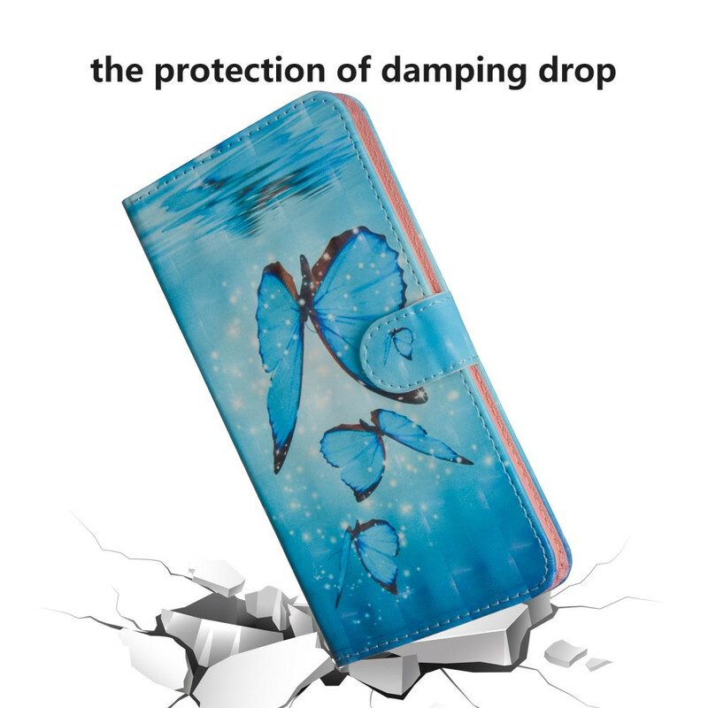 Läderfodral För Samsung Galaxy A20s Flygande Blå Fjärilar