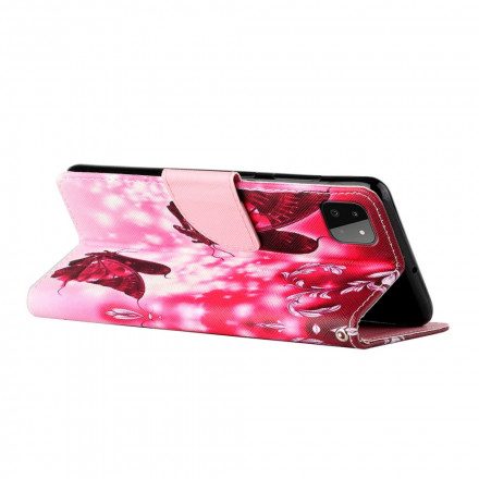Läderfodral För Samsung Galaxy A22 5G Röda Flygande Fjärilar
