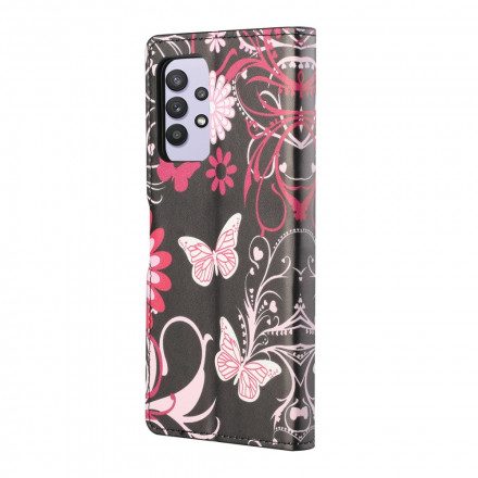 Läderfodral För Samsung Galaxy A32 4G Fjärilar Och Blommor
