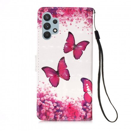 Läderfodral För Samsung Galaxy A32 4G Röda Fjärilar