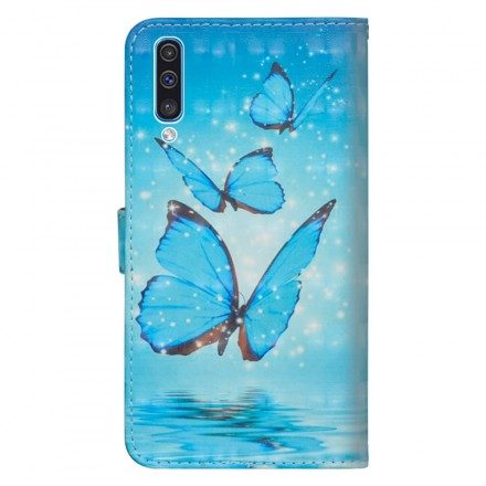 Läderfodral För Samsung Galaxy A50 Flygande Blå Fjärilar