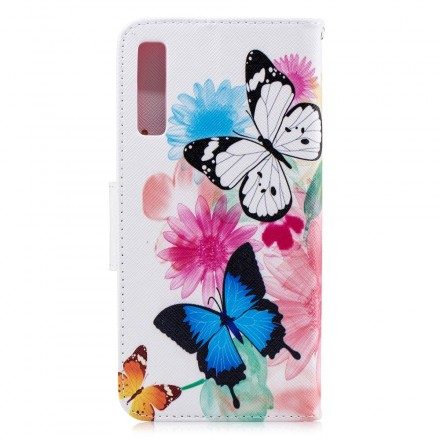 Läderfodral För Samsung Galaxy A7 Målade Fjärilar Och Blommor
