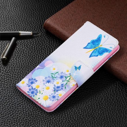 Läderfodral För Samsung Galaxy A72 4G / 5G Målade Fjärilar Och Blommor