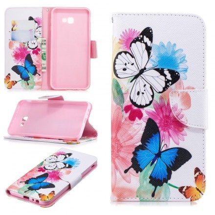 Läderfodral För Samsung Galaxy J4 Plus Målade Fjärilar Och Blommor