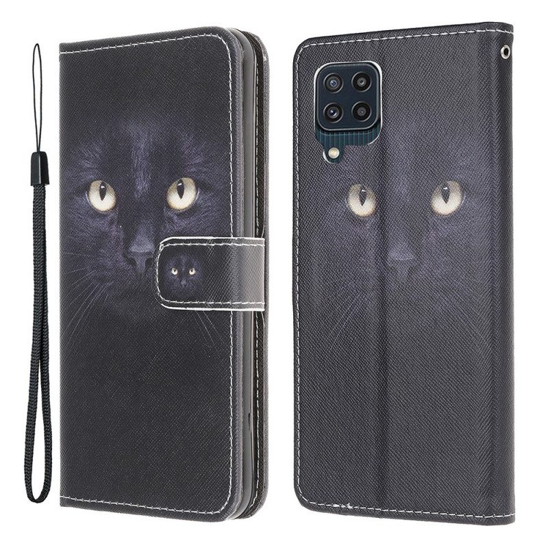 Läderfodral För Samsung Galaxy M32 Med Kedjar Thong Black Cat Eyes