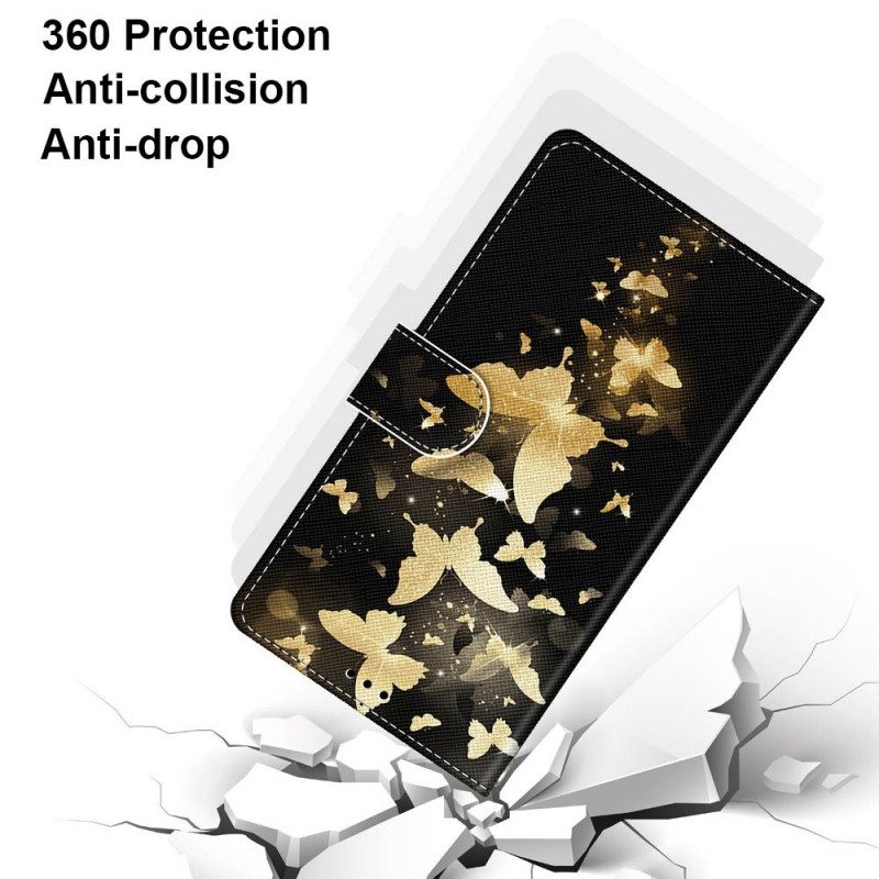 Läderfodral För Samsung Galaxy M53 5G Med Kedjar Guldfjärilar Med Rem