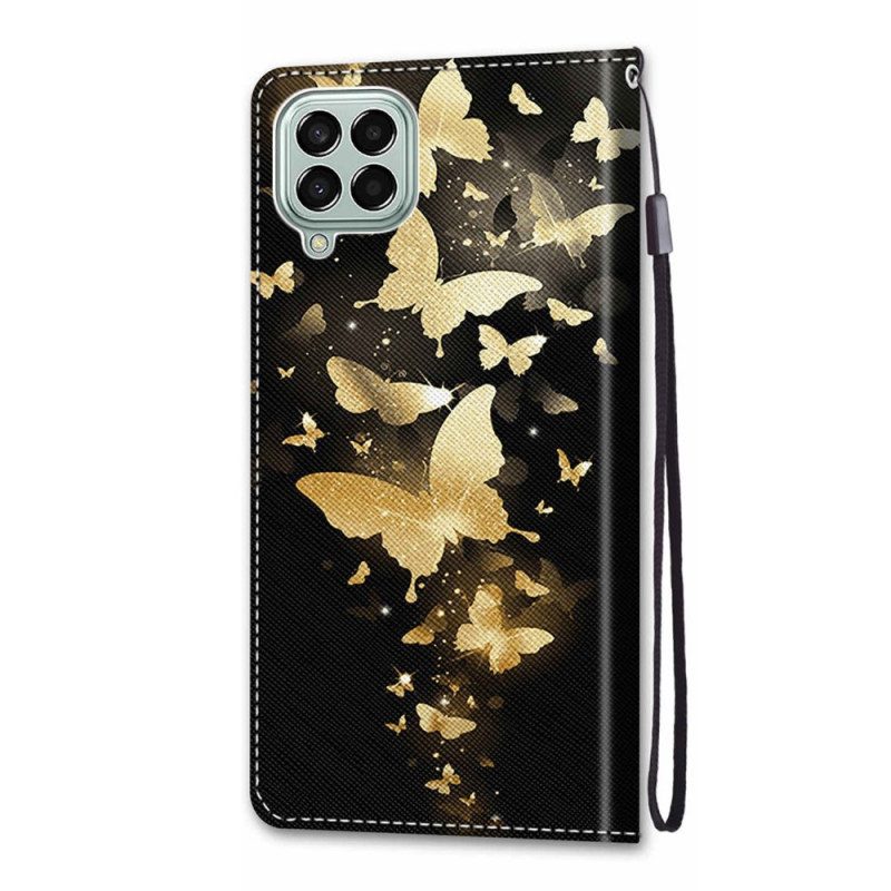 Läderfodral För Samsung Galaxy M53 5G Med Kedjar Guldfjärilar Med Rem