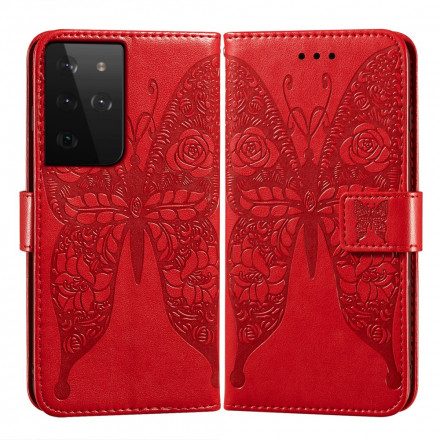 Läderfodral För Samsung Galaxy S21 Ultra 5G Fjärilar Blommönster