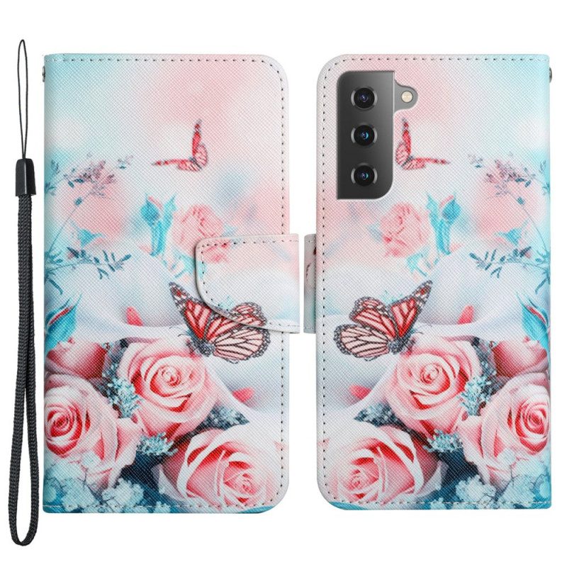 Läderfodral För Samsung Galaxy S22 Plus 5G Bukett Av Blommor Och Fjärilar