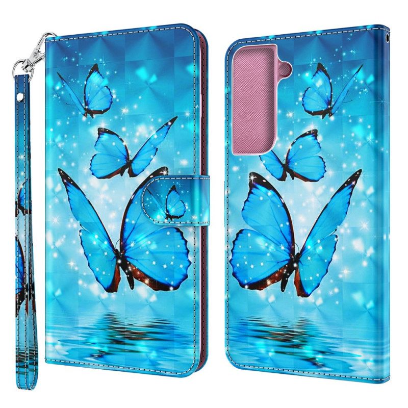 Läderfodral För Samsung Galaxy S22 Plus 5G Med Kedjar Fjärilar Med Blå Rem