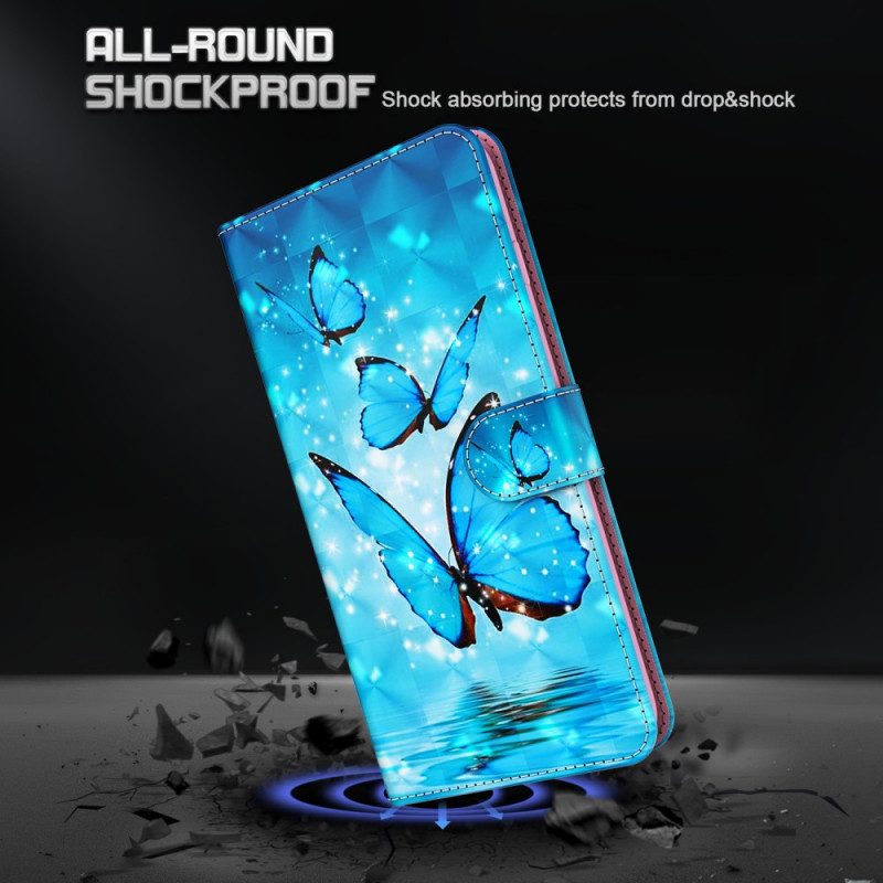 Läderfodral För Samsung Galaxy S22 Plus 5G Med Kedjar Fjärilar Med Blå Rem