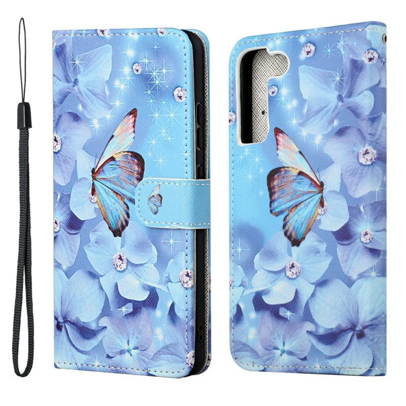 Läderfodral För Samsung Galaxy S22 Plus 5G Med Kedjar Fjärilar Med Diamantband