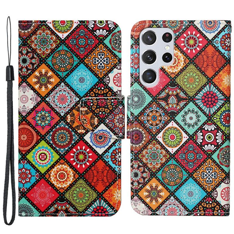 Läderfodral För Samsung Galaxy S22 Ultra 5G Patchwork-mandalas Med Snodd