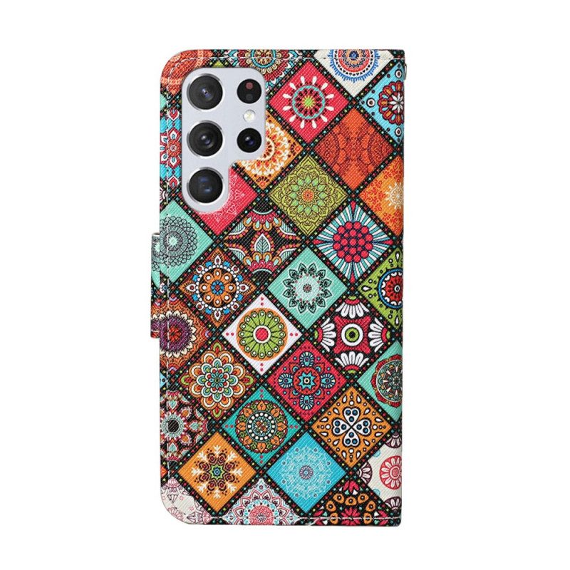 Läderfodral För Samsung Galaxy S22 Ultra 5G Patchwork-mandalas Med Snodd