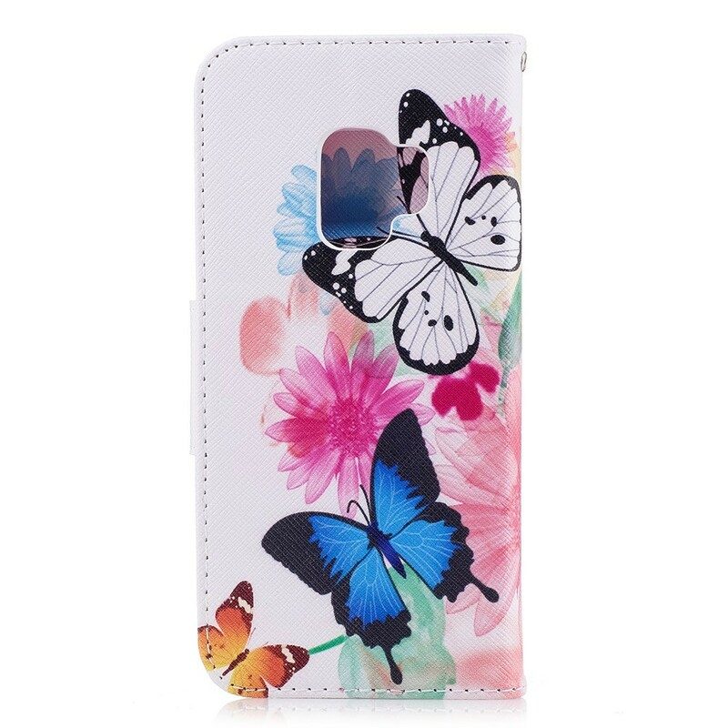 Läderfodral För Samsung Galaxy S9 Målade Fjärilar Och Blommor