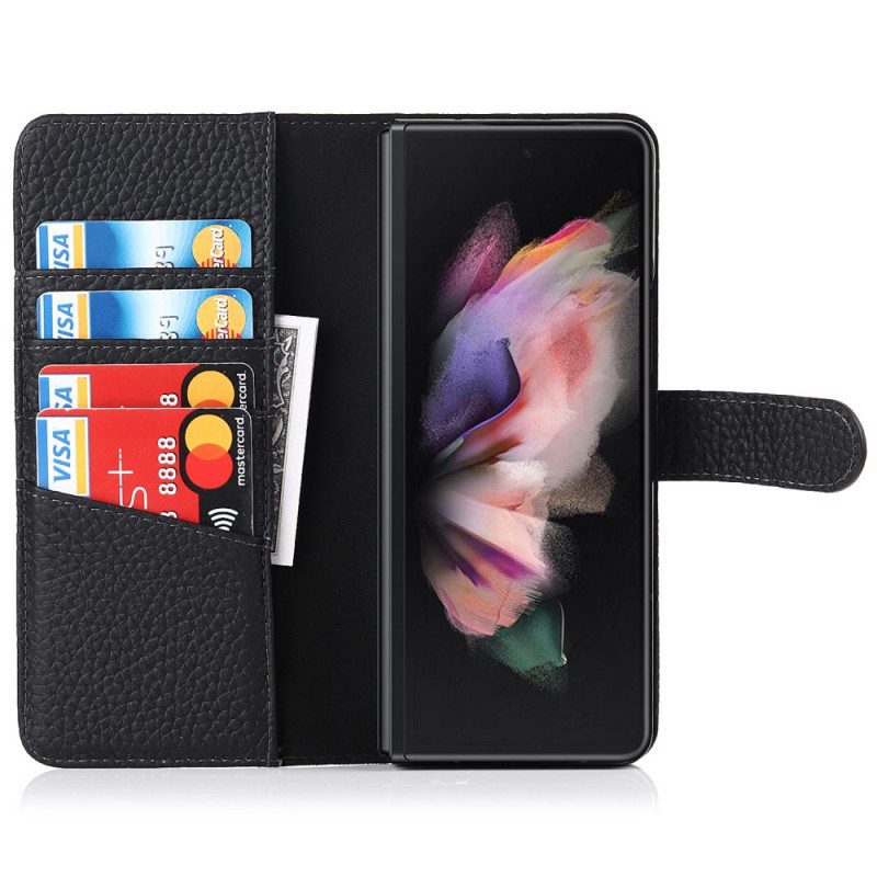Läderfodral För Samsung Galaxy Z Fold 3 5G Stylushållare I Äkta Litchiläder
