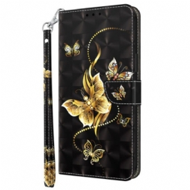 Läderfodral Samsung Galaxy A14 / A14 5G Med Kedjar Gyllene Fjärilar Med Rem