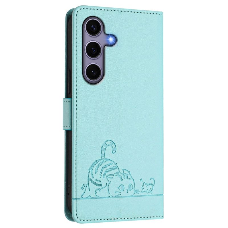 Läderfodral Samsung Galaxy S25 5g Telefonfodral Rfid-skyddande Kattmotiv