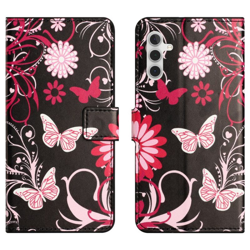 Läderfodral Samsung Galaxy S25 Fe Telefonfodral Fjärilar På Svart Bakgrund