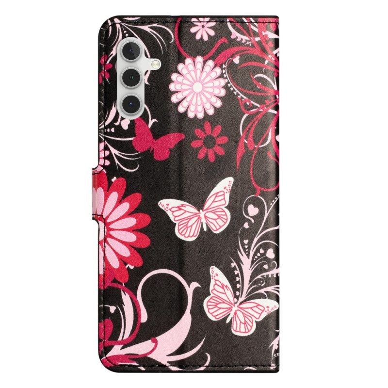 Läderfodral Samsung Galaxy S25 Fe Telefonfodral Fjärilar På Svart Bakgrund