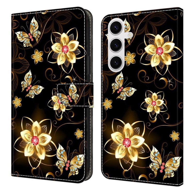 Läderfodral Samsung Galaxy S25 Fe Telefonfodral Gyllene Blommor Och Fjärilar