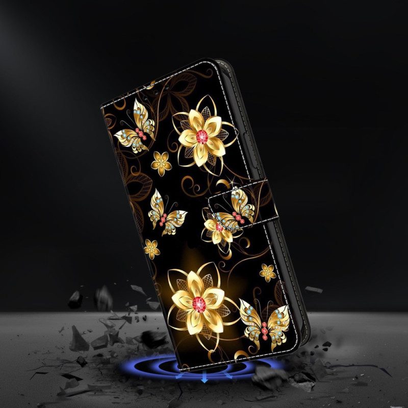 Läderfodral Samsung Galaxy S25 Fe Telefonfodral Gyllene Blommor Och Fjärilar