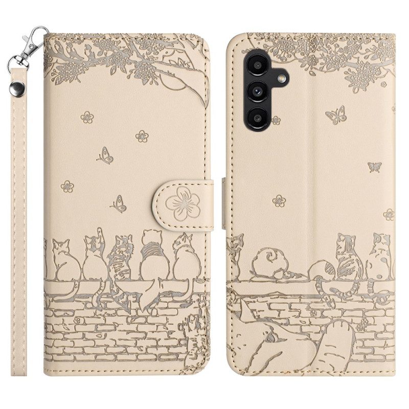 Läderfodral Samsung Galaxy S25 Fe Telefonfodral Katttryck Med Rem